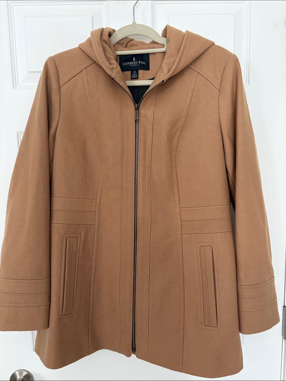 London Fog Hooded Trench Pea Coat in Camel Wool